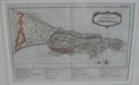 18TH CENTURY FRENCH SCHOOL "Plan de Gibraltar", a black and white engraving, hand coloured,