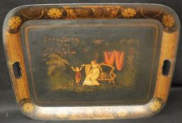 A Regency Pontypool tray featuring mother and child in garden to the centre field,