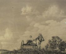 20TH CENTURY RUSSIAN SCHOOL "Woman on a horse-drawn hay rake", monochrome print, unsigned,