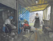 20TH CENTURY RUSSIAN SCHOOL "The Milking Parlour with four women workers",