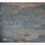 20TH CENTURY RUSSIAN SCHOOL "Harbour with cranes in foreground and hills rising in background",