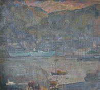 20TH CENTURY RUSSIAN SCHOOL "Harbour with cranes in foreground and hills rising in background",