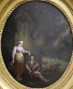 18TH CENTURY CONTINENTAL SCHOOL "Shepherd and sheep and woman with jar by fountain",