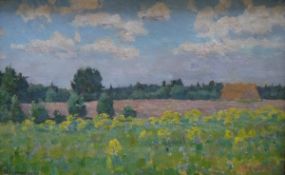 IVAN SERGEEVICH SOSHNIKOV (1914-1988) "August evening", a landscape study, oil on board,