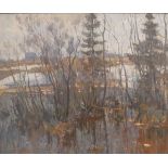 A FOMKIN (1924-1999) "The last snow", a wooded landscape study with buildings in background,