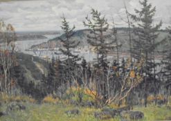 Y RACHOV (20th Century, Russian) "Gateway to the Ocean", Wooded landscape with docks in background,