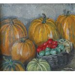 S S CHURAKOV (20th Century) "Pumpkins and fruit in a basket", a still life study, oil on board,