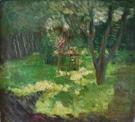 VIKTOR SEMYONYCH SOROKIN (20th Century) "May", a sunlit woodland glade with table set for dining,