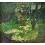 VIKTOR SEMYONYCH SOROKIN (20th Century) "May", a sunlit woodland glade with table set for dining,