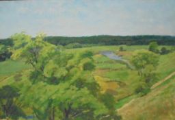 20TH CENTURY RUSSIAN SCHOOL "Extensive landscape with river meandering mid-ground", oil on board,