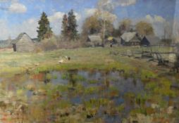 20TH CENTURY RUSSIAN SCHOOL "Rural landscape with pond in foreground,