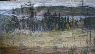 20TH CENTURY RUSSIAN SCHOOL "Wooded landscape with docks in background, a town in the distance",