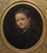 DOWNES (19TH CENTURY) "Young girl with blue ribbon in her hair", oil on board, oval,