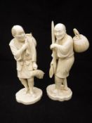 Two ivory Japanese Meiji period okimono figures of fishermen, one signed "Shizuka,