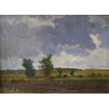 S P RICHAGOV (20th Century) "Stormy day", study of a plough team in a landscape, oil on canvas,