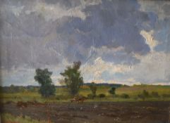 S P RICHAGOV (20th Century) "Stormy day", study of a plough team in a landscape, oil on canvas,