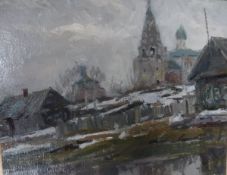 20TH CENTURY RUSSIAN SCHOOL "River landscape with church and buildings in background", oil on board,