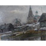 20TH CENTURY RUSSIAN SCHOOL "River landscape with church and buildings in background", oil on board,