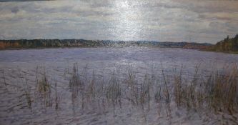 ALEXANDERLIECH FOMKIN (1924-1999) "Cranes fly", a lake landscape, oil on canvas, unsigned,