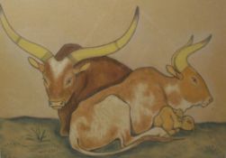 A C (20th Century) "Cattle and calf", a study, charcoal and pastel,
