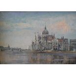 20TH CENTURY RUSSIAN SCHOOL "Riverside palace with bridge in background", oil on board,