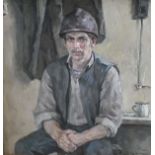 20TH CENTURY RUSSIAN SCHOOL "Worker in waistcoat and hard hat, a mug at his side", a portrait study,