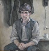 20TH CENTURY RUSSIAN SCHOOL "Worker in waistcoat and hard hat, a mug at his side", a portrait study,