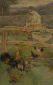DAVID WOODLOCK (1842-1929) "The Farmer's Boy", study of a boy seated on a fence feeding chickens,
