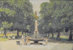 20TH CENTURY CONTINENTAL SCHOOL "Park scene with figures around a fountain", oil on canvas,