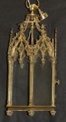 A 19th Century Gothic Revival brass hall lantern of hexagonal form,