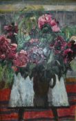S E RUMYANCEV (20th Century) "Peonies", still life study of flowers in a jug on a table,