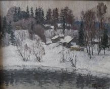 B PIRIKOV (20th Century) "Little winter", a snow-covered rural woodland scene with dwellings,