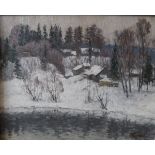 B PIRIKOV (20th Century) "Little winter", a snow-covered rural woodland scene with dwellings,