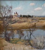 Y N TULIN (20th Century) "Spring in Tyuz", a watery landscape with buildings in background,