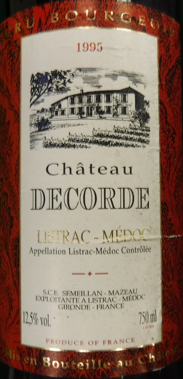 Chateau Decorde Listrac-Médoc 1995, 75 cl x 6,