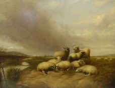 CHARLES JONES (1836-1892) "Sheep resting by riverside, a figure with cattle in the background",