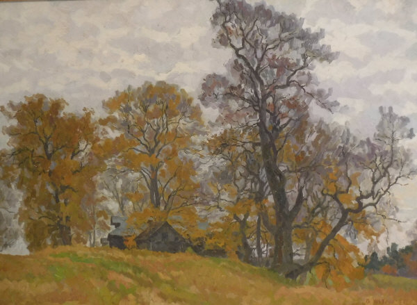 V A ULYANOV (20th Century) "Autumn, leaves drop Yaroslavl", autumnal scene with dwellings by trees,