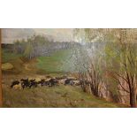 A V VOLKOV (20th Century) "Moscow spring", with cattle grazing in foreground, oil on board,