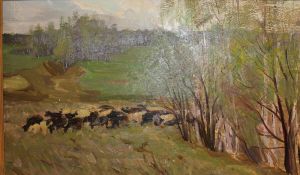 A V VOLKOV (20th Century) "Moscow spring", with cattle grazing in foreground, oil on board,