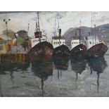 A S KARPOV (20th Century) "The pier", study of fishing boats with figure on quayside, oil on board,