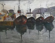 A S KARPOV (20th Century) "The pier", study of fishing boats with figure on quayside, oil on board,