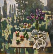 A SOROCHKIN (20th Century Russian) "Fruit and teapot upon a table, gardens unfolding in background",