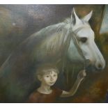 V I NIKOLAEV (20th Century) "Kolka and Dawn", study of a child with horse in a stable,