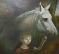 V I NIKOLAEV (20th Century) "Kolka and Dawn", study of a child with horse in a stable,