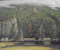 20TH CENTURY RUSSIAN SCHOOL "Estuary landscape with moored vessels and figures with rowboat in
