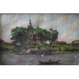 A TANKELVSKY (20th Century) "On the Moscow river", river landscape with buildings in the background,