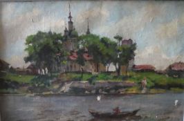 A TANKELVSKY (20th Century) "On the Moscow river", river landscape with buildings in the background,