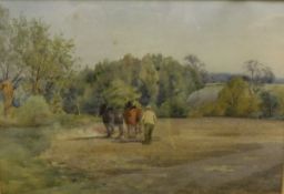 CHARLES JAMES ADAMS (1859-1931) "Harrow team", study of horses and driver in a field, watercolour,