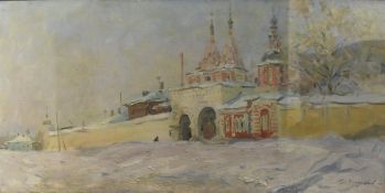20TH CENTURY RUSSIAN SCHOOL "Winter landscape with buildings,