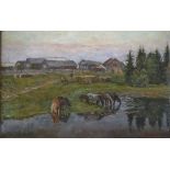 G D DARBIN (20th Century) "Evening in the countryside", horses watering at lakeside,